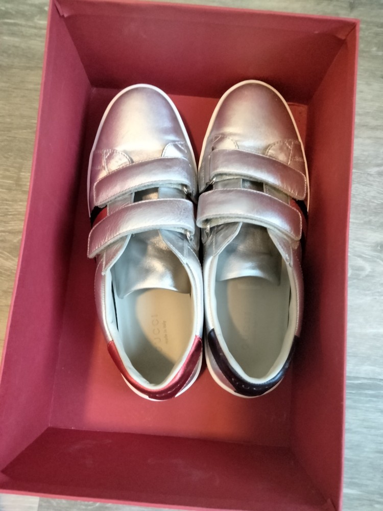 $310 GUCCI Silver Leather Red Blue WEB Sneakers 37 Shoes