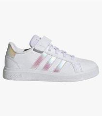 Size 7Y – Adidas Grand Court 2.0 Kids Strap Slip On White Reflective Logo Shoes