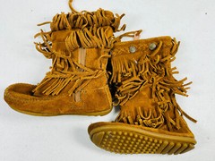🔥 Minnetonka Small Child Size 8 Chestnut Suede Moccasin Zip Boot 3 Layer Fringe