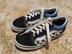 Vans Kids Sneakers Sz 2 Old Skool Checkers Lace Up Suede Fabric Black Blue