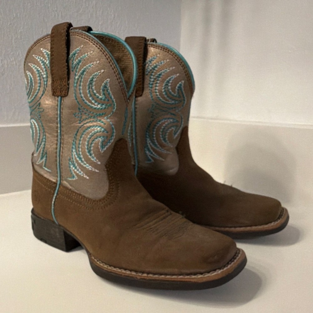 Ariat Western Embroidered Leather Boots Blue Stitching Square Toe Unisex Kids