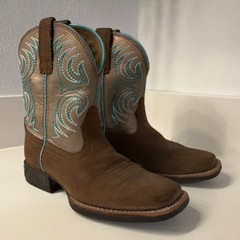 Ariat Western Embroidered Leather Boots Blue Stitching Square Toe Unisex Kids