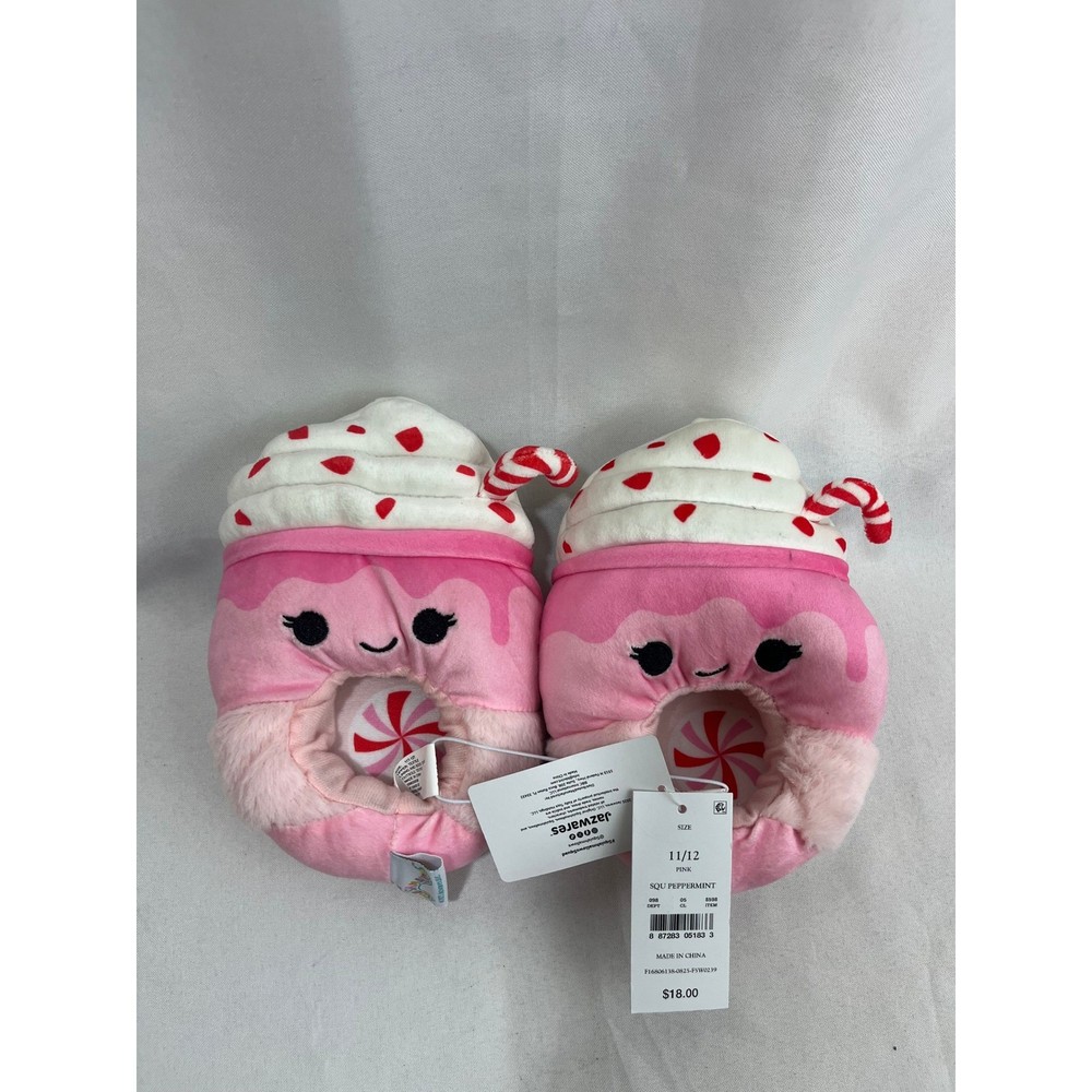 Squishmallows Peppermint Hot Cocoa Plush Slippers Pink Kids Size 11/12 NWT