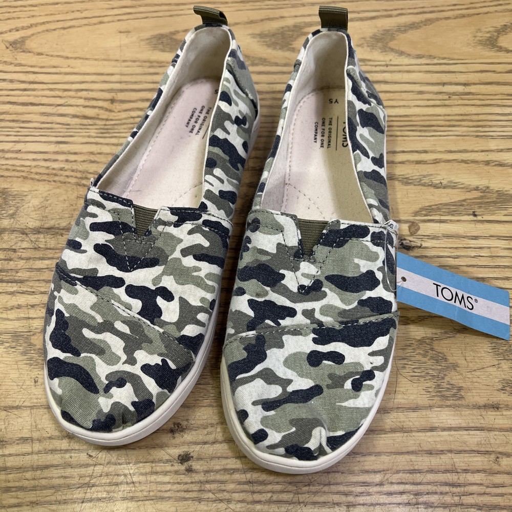 TOMS Alpargata Camo Classic Canvas Slip On Shoes Youth Size Y5 Olive Camo New