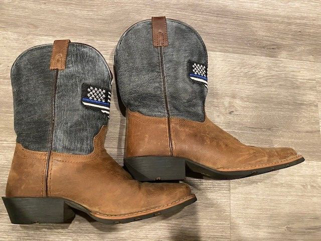 Dan Post Youth Sz 5D Thin Blue Line Brown Leather USA Flag Cowboy Western Boots
