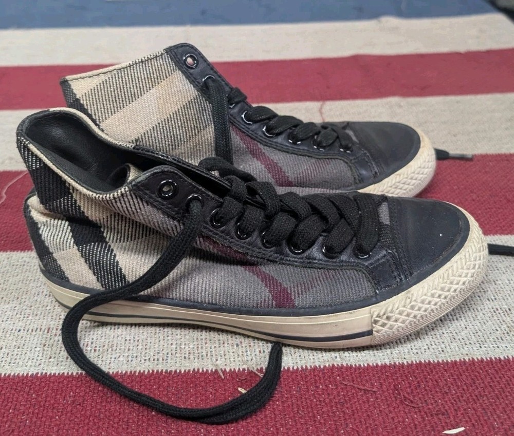 Burberry Haypark Mini Check High-Top Sneaker Black/Tan Beige Lace Up Shoes 35