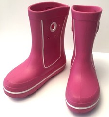 CROCS Junior Jaunt Shorty Rain Boots Logo Pink Lightweight Sz J3 Girls Youth EUC