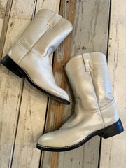 JUSTIN LEATHER COWBOY BOOTS JUNIOR SIZE 4 D, LIGHT PEARL COLOR #3713Y EUC