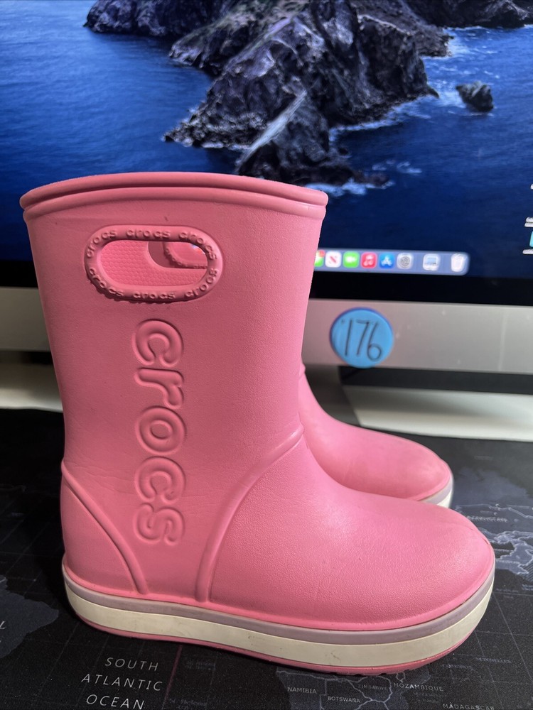 Crocs Kids Crocband Rain Boots Pink/White Sz 1 Youth Easy On/Off Handles