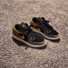 Jordan Air Jordan 1 Low Black Gray Yellow Orange Suede Kids Sneaker 5.5Y
