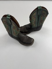 Justin Boots Youth Size 4 Brown Green Leather Western Cowboy Pull On 7201JR