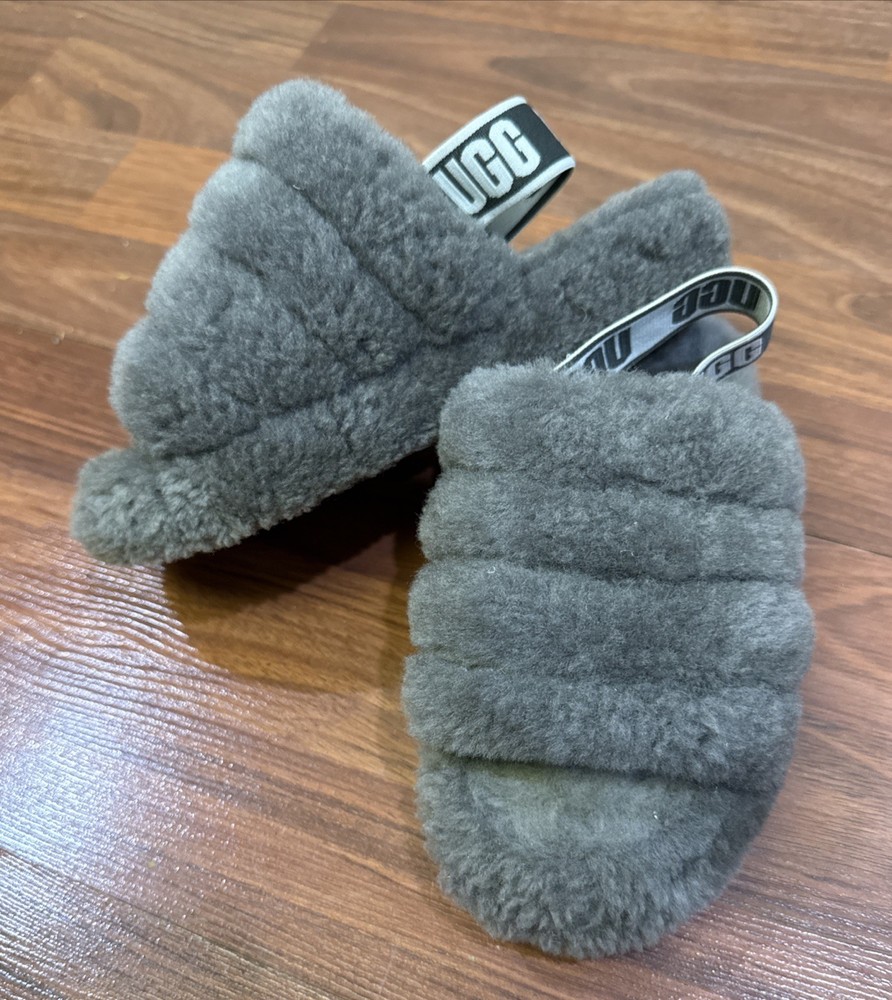 UGG Kid Fluff Yeah Slipper Sandal Elastic Backstrap Solid Gray Size US 13 EU 31