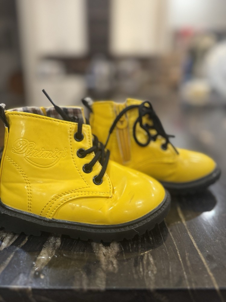 Dinimigo Yellow Leather Kid’s Boots With Plaid Insole for Kids Size 26 (US 9)
