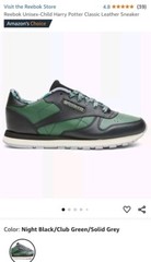 Reebok Harry Potter Slytherin Classic Leather Sneaker Shoes Unisex Child Sz 6.5