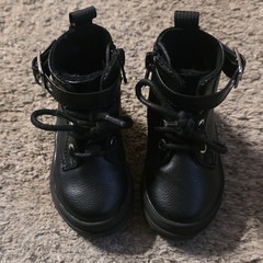 H&M Unisex Kids Black Bootie Boots Synthetic Leather Buckle Lace-Up Size 4-5