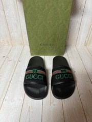Gucci Embroidered Stripe Logo Canvas Slide Sandals Black Multicolor Sz 31 / 13