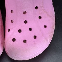 Crocs Pink Lined Clogs Junior Size 3 Adult Size 5 White Lining Spellout Cute