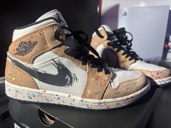 Air Jordan 1 Mid Se Size 8 In Men’s White And Tan With Red Yellow And Blue Splat
