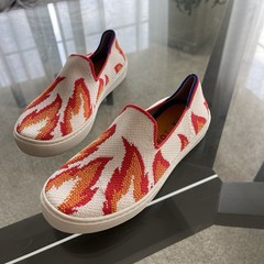 Rothy’s The Kid Red, Yellow White Flames Knit Washable Slip On Sneakers Size 2