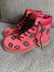 Custom Painted Timberland Boots Youth Size 13 Red Black Lip Print Lace-Up