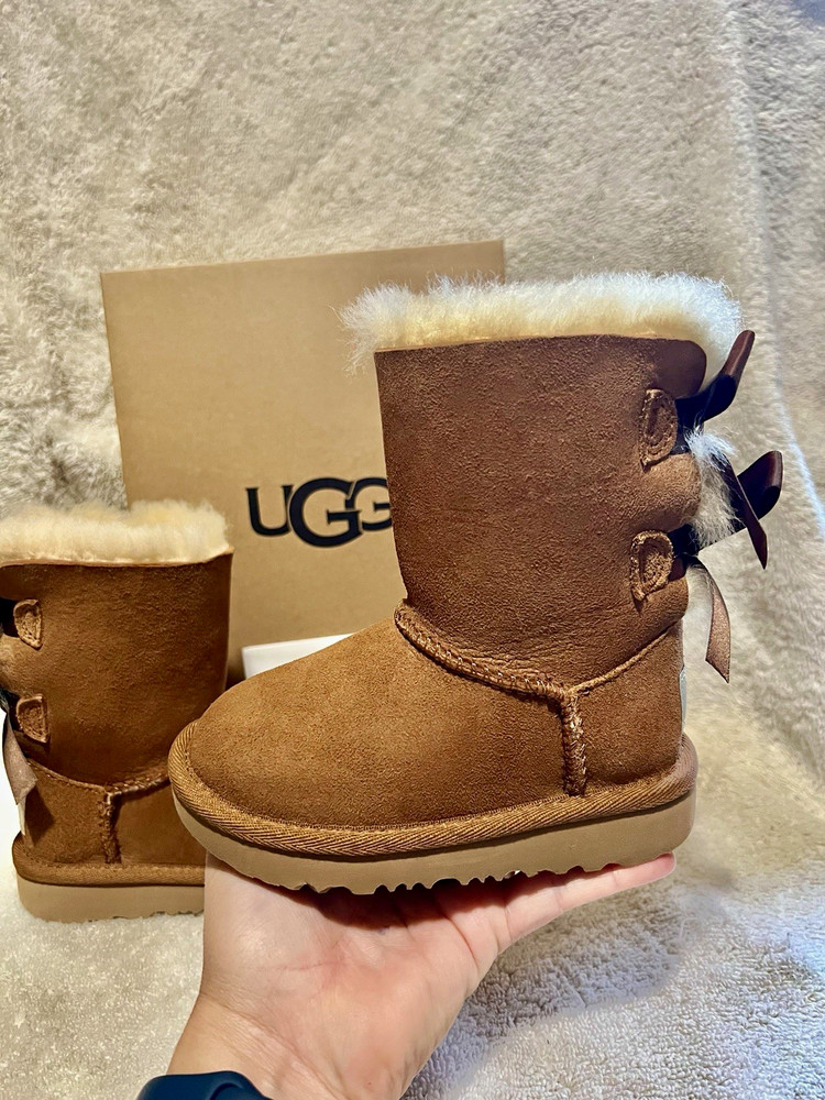 UGG T Bailey Bow II Kids Suede Bow Mid-Calf Boots Brown US 7 UK 6 EU 23.5