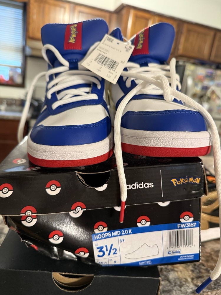 adidas Hoops Mid 2.0 K Pokémon Pikachu Kids Sneakers Blue White Red Size 3.5
