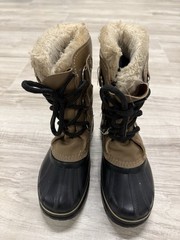 Sorel Unisex Kids Black White Waterproof Snow Boots Fur Trim Lace Up Mid-Calf 1Y