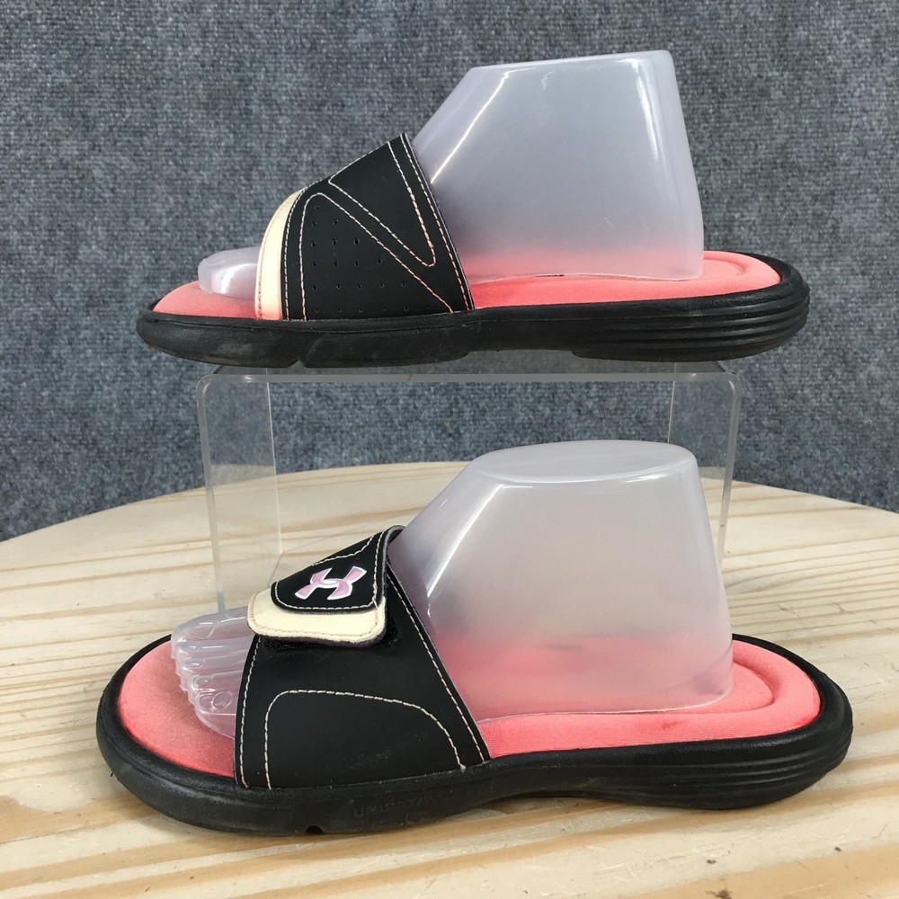 Under Armour Ignite Slides Flat Sandals Youth 4 Black Pink Open Toe Casual