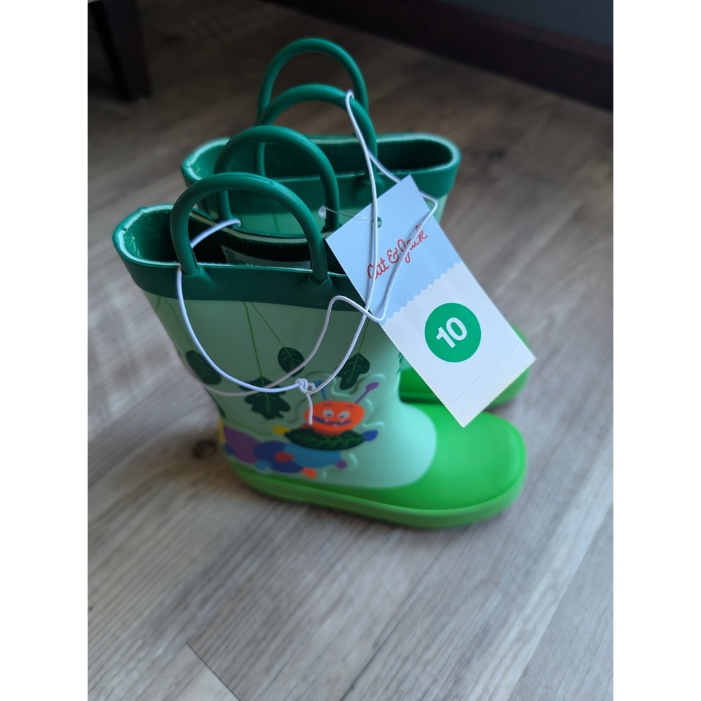 Cat & Jack Rain Boots Kids Size 10 Green New Caterpillar Pull-On Waterproof