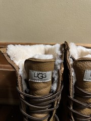 UGG Waterproof Leather Lace-Up Kids Brown Snow Boots Faux Fur Trim Size 7