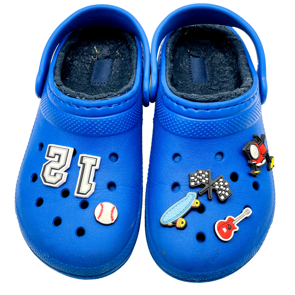 CROCS Blue Clogs Flannel Lined J3 Charms 12 Baseball Skateboard Checker Flags