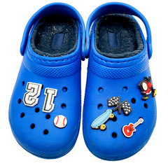 CROCS Blue Clogs Flannel Lined J3 Charms 12 Baseball Skateboard Checker Flags