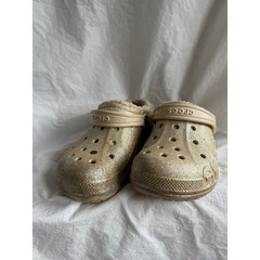 Crocs Classic Lined Gold Glitter Clogs Kids Size J2 Faux Fur Warm Sparkle Shoes