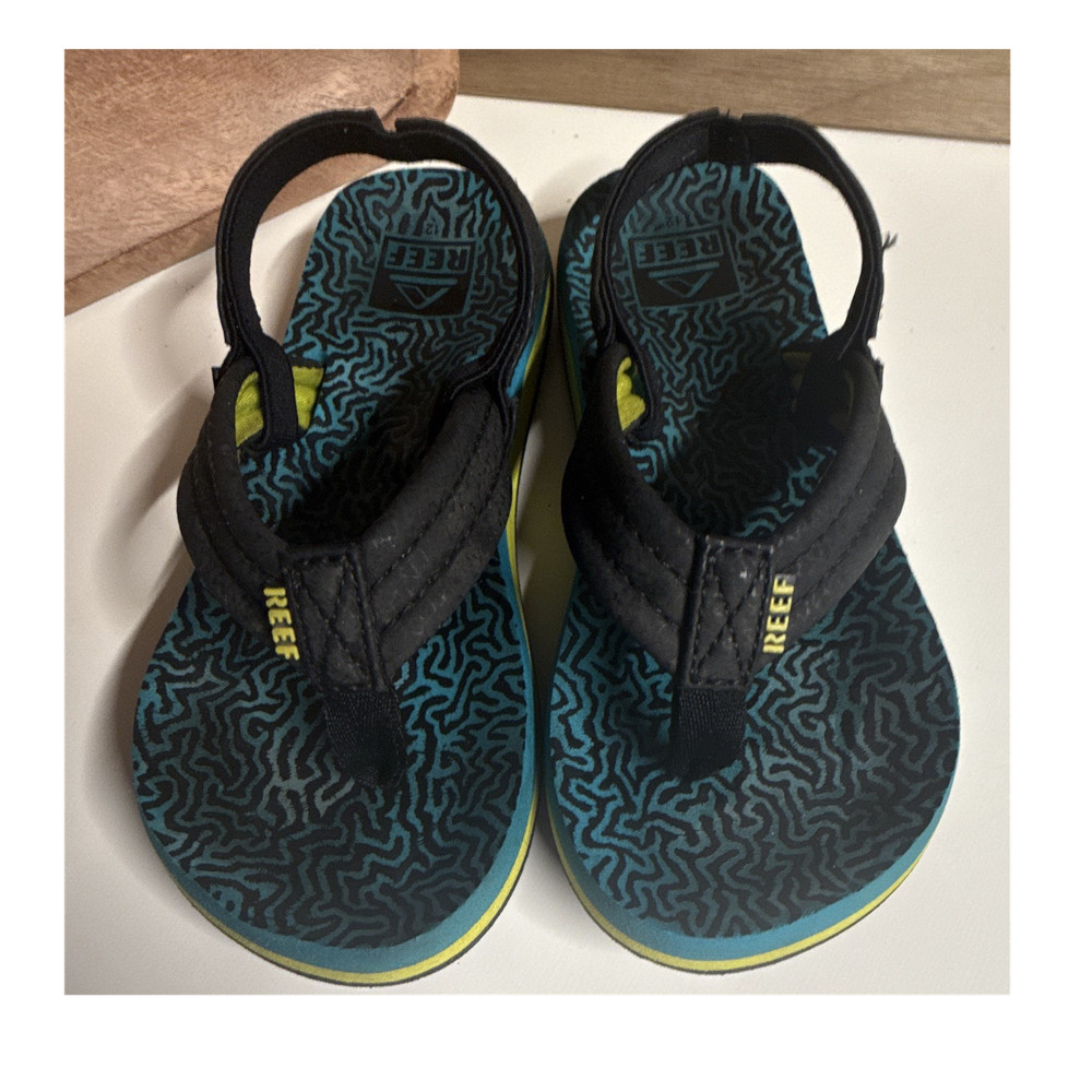Reef Ahi Unisex Kids Blue Black Yellow Abstract Flip Flop Sandals US 12