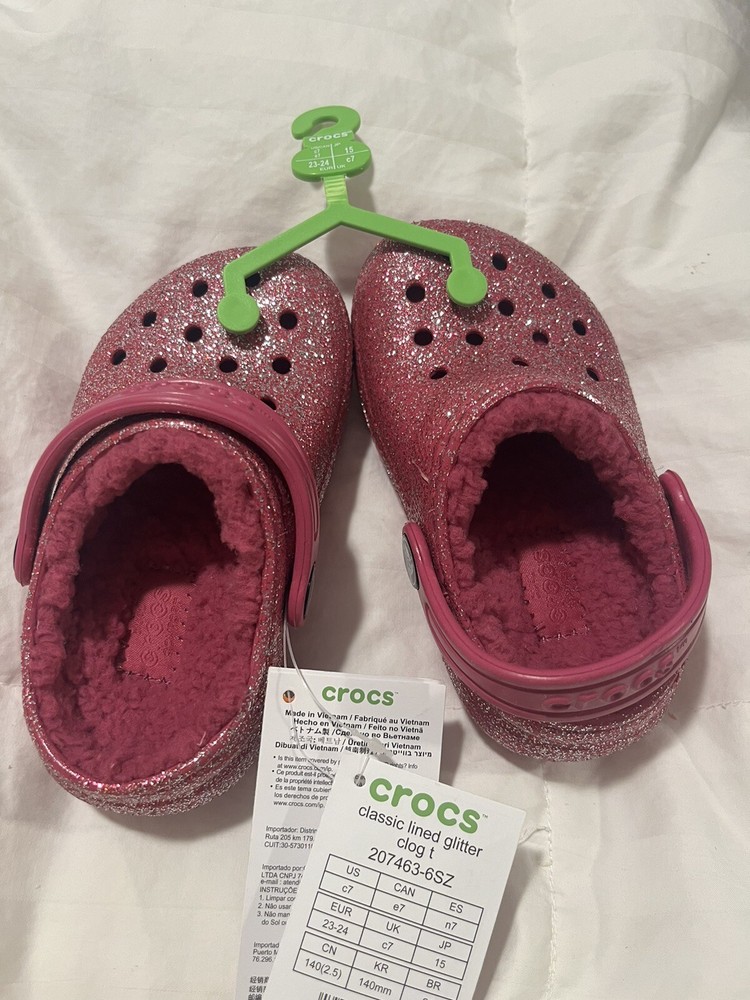Crocs Classic Glitter Lined Kids Clogs Pink Size C7