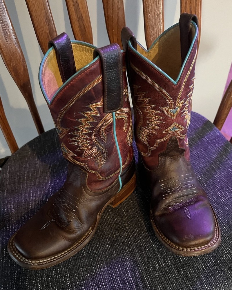 Anderson Bean Youth Kids Square Toe Cowboy Boots Sz 12 Brown Turquoise Embroider
