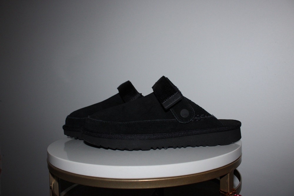 UGG kid’s Black Suede Slide Sandals Adjustable Strap Button Accent