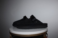 UGG kid’s Black Suede Slide Sandals Adjustable Strap Button Accent