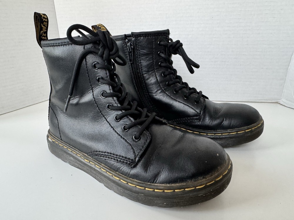 Dr. Doc Martens Zavala J Combat Boots Kids Black Leather Unisex US Size 3