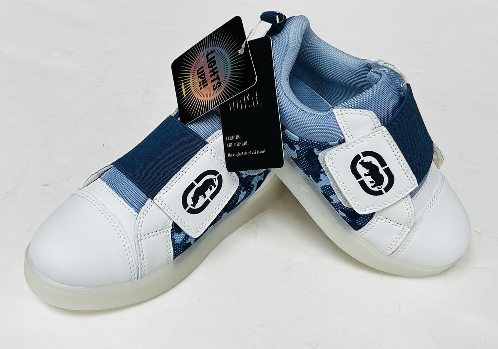 Ecko Unltd. Blue Camo/White Light-up Sneakers w/hook & loop strap~Kids sz 3~NWT