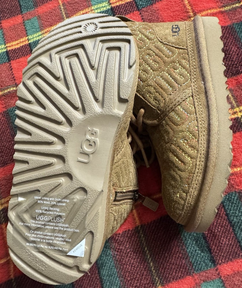 UGG Kids Brown Suede Bootie Logo Embroidered Faux Fur Lined Size 12 1116170T