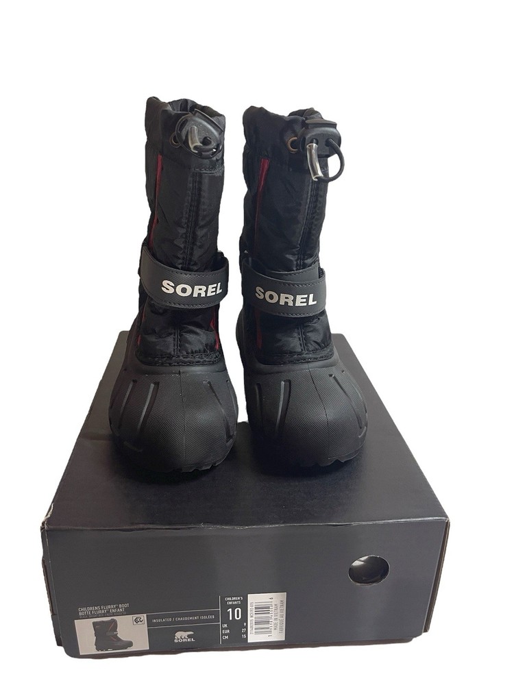 SOREL Children’s Flurry Boots Snow Mid Calf Insulated Black Red Size 10