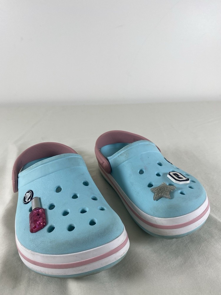 Crocs Crocband Clogs Kids Size J2 Ice Blue Pink Slip On Shoes Back Strap