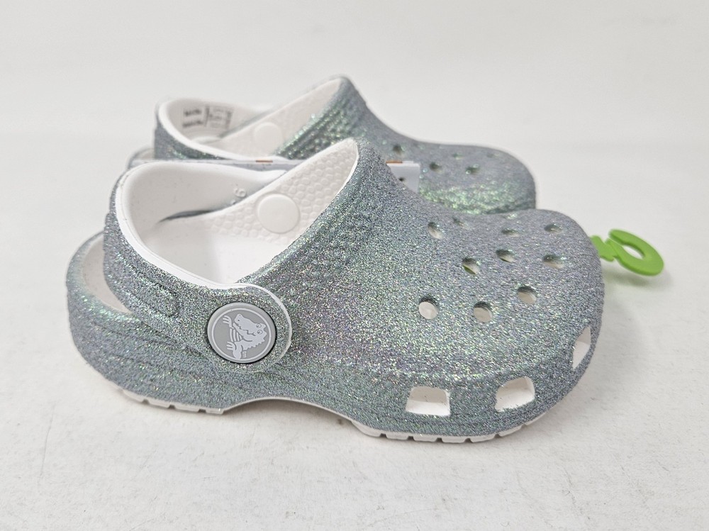 Crocs Classic Iridescent Glitter Clogs, Little Kids/Toddler, 210985-100, NEW!