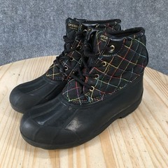 Sperry Port Rainbow Rain Duck Boots Youth 4 M Lace Up Quilted Black SCK166394