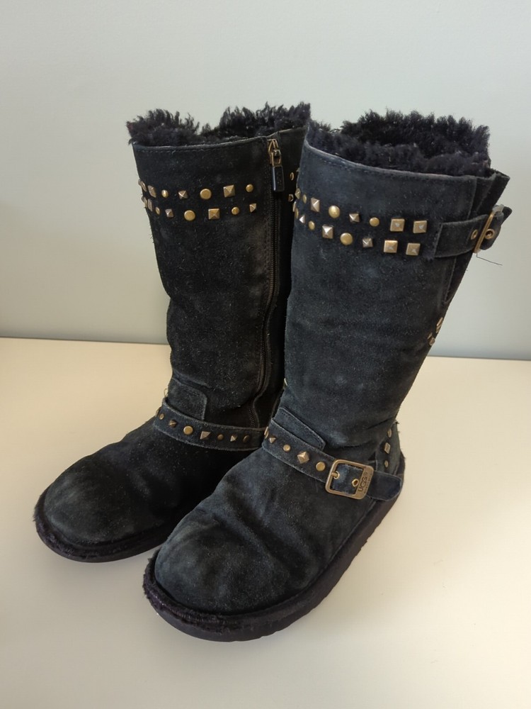 Ugg Australia Black Side Zip Suede Biker Moto Buckle Boots 1004952K Kids US 3