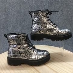 Steve Madden Boots Youth 4 Jdrina Combat Silver Black Graffiti Print Lace Up