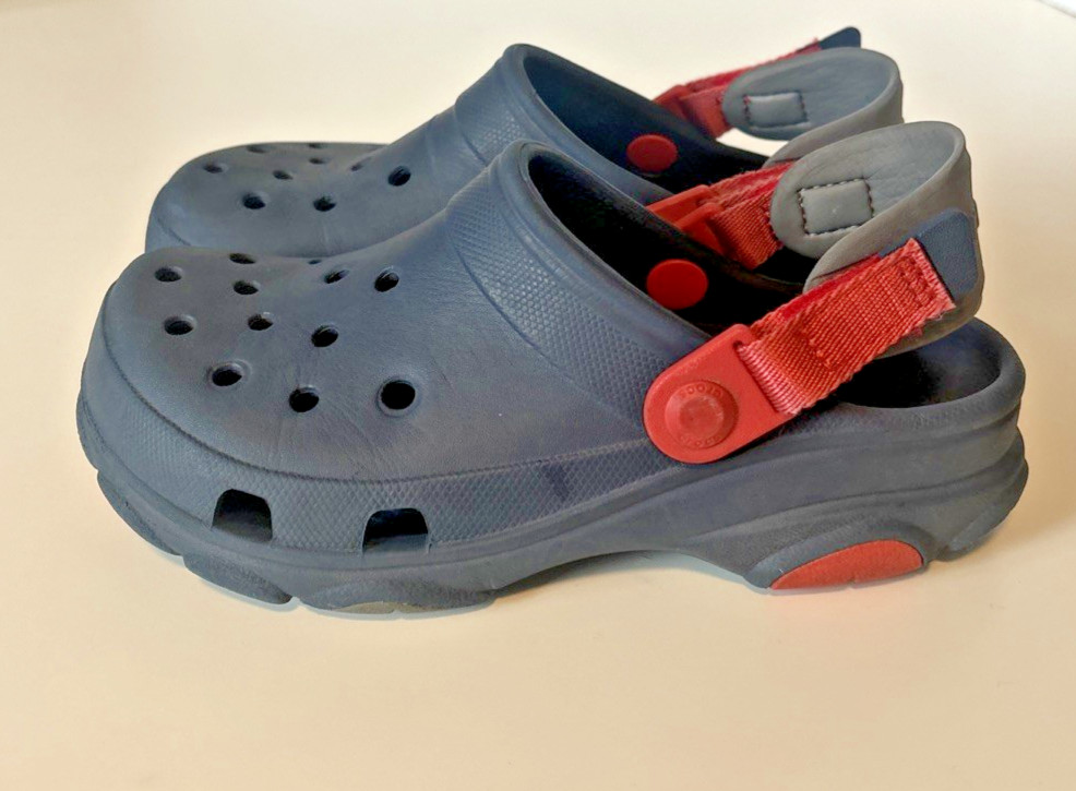Crocs Size J3 Navy with Red & Gray Accents. Adjustable Straps. Good Condition.