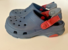 Crocs Size J3 Navy with Red & Gray Accents. Adjustable Straps. Good Condition.
