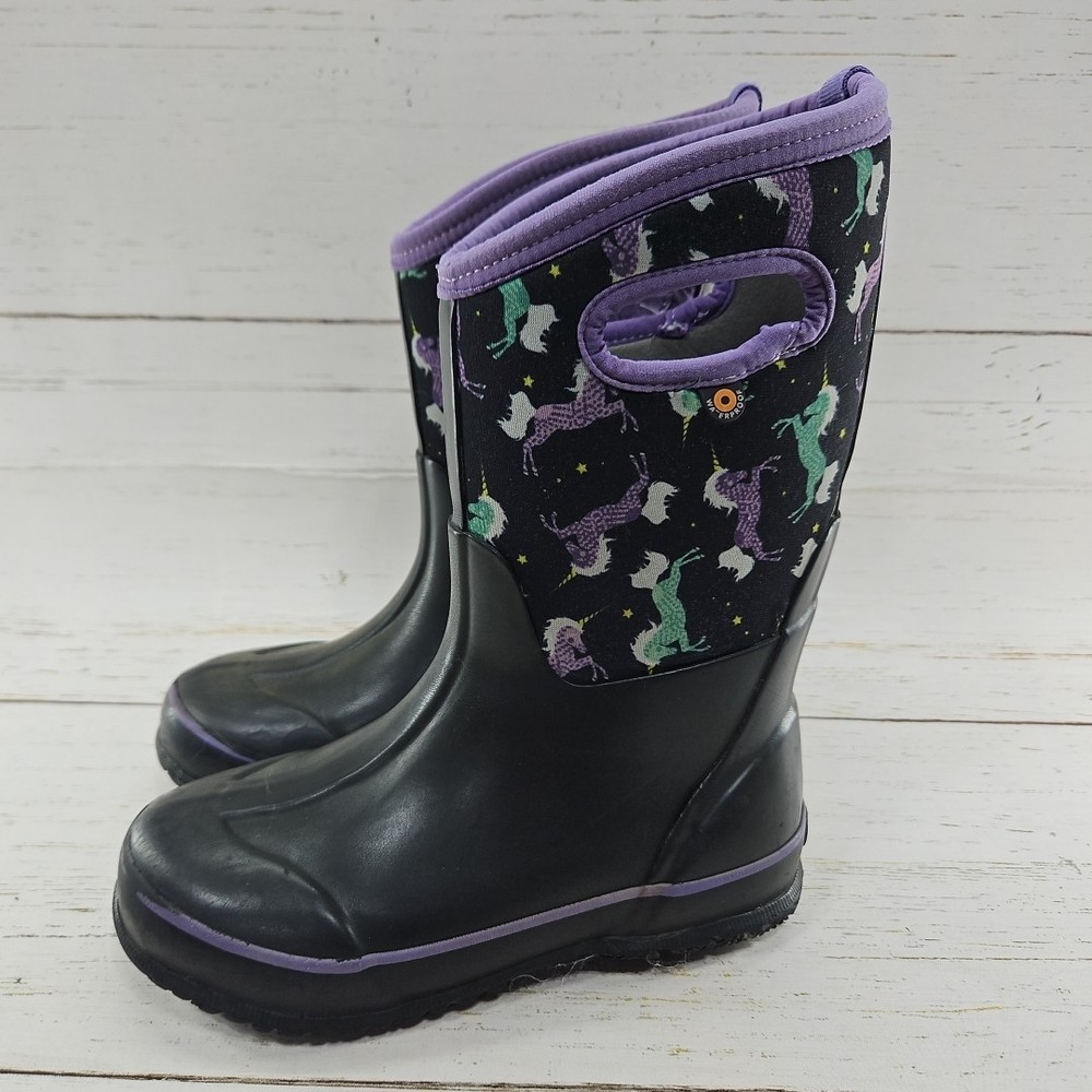 Bogs Girls Size 2 Black Purple Unicorn Insulated Waterproof Winter Boots 72329